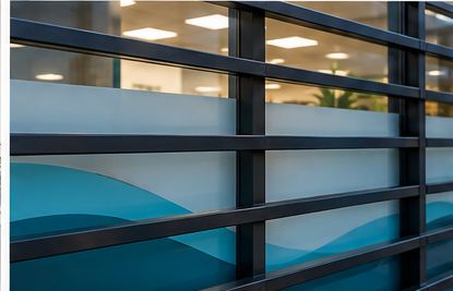 Exterior window detail with privacy film and horizontal bars