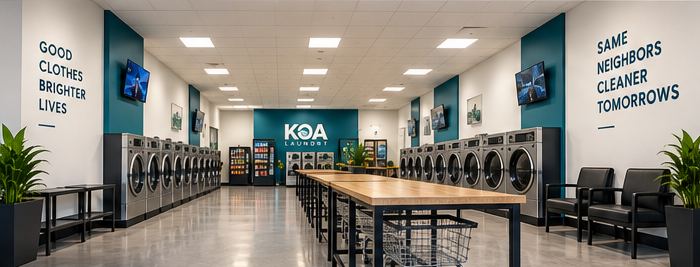 KOA Laundry interior with rows of washers and a folding table